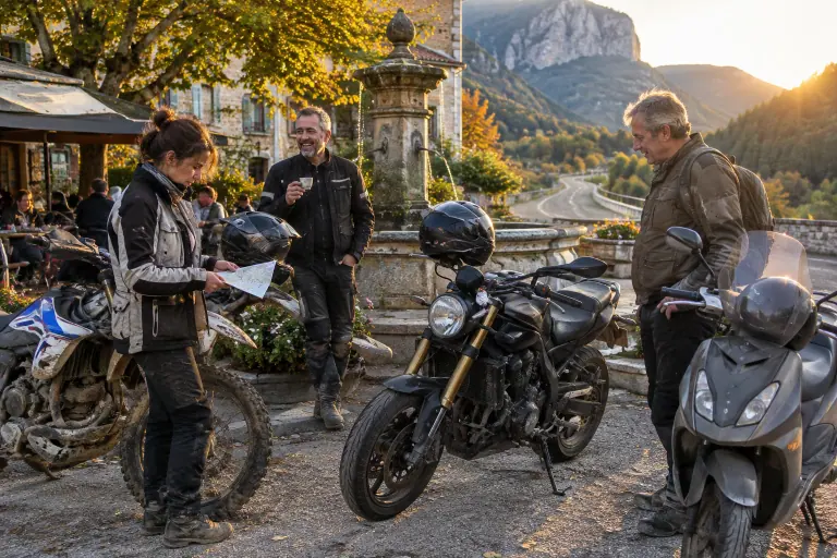 Trois motards font une pause sur une place de village de montagne, casques posés sur les réservoirs
