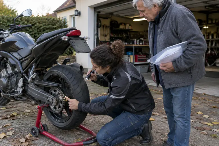 Une acheteuse inspecte à la lampe la chaîne et la couronne d’un roadster d’occasion sur béquille d’atelier, le vendeur tenant ses factures