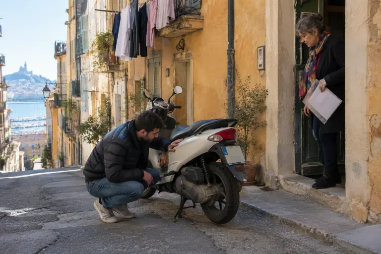 Dans une rue en pente de Marseille, un jeune homme accroupi inspecte le pneu arrière et le carter de transmission d’un scooter 125 d’occasion sur béquille