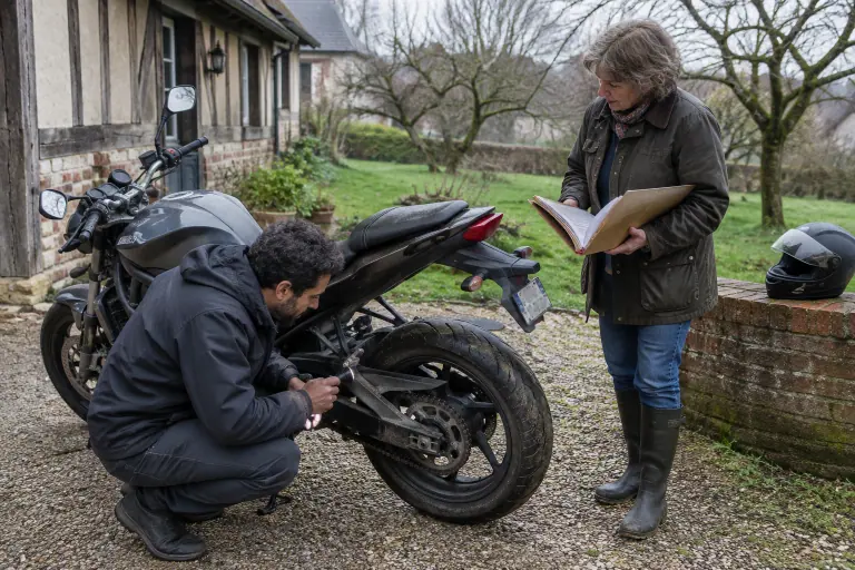 Dans l’allée d’une maison normande, un acheteur inspecte à la lampe la chaîne d’un roadster d’occasion pendant que la vendeuse montre les factures