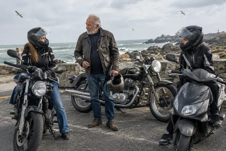 Sur un parking du bord de mer breton, un grand-père motard discute avec sa petite-fille sur sa 125 et son petit-fils sur un scooter 50, tous équipés
