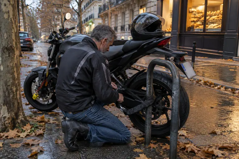 Un motard passe une grosse chaîne antivol dans le bras oscillant de son roadster et un arceau scellé, un bloque-disque déjà posé à l’avant