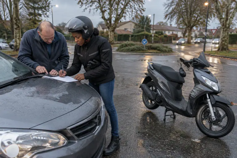 Près d’un rond-point mouillé à Toulouse, une motarde et un automobiliste remplissent un constat sur un capot, à côté de son scooter 125 au rétroviseur cassé