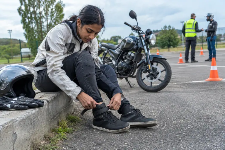 Sur le parking d’une moto-école près de Toulouse, une jeune motarde assise sur un trottoir serre la sangle de ses baskets moto montantes