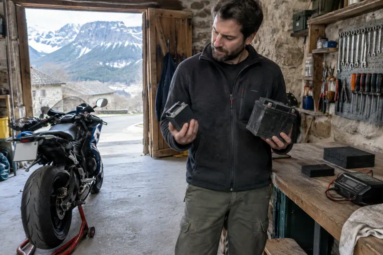 Dans un garage en pierre du Vercors, un motard compare une petite batterie lithium et une batterie au plomb devant sa sportive sur béquille