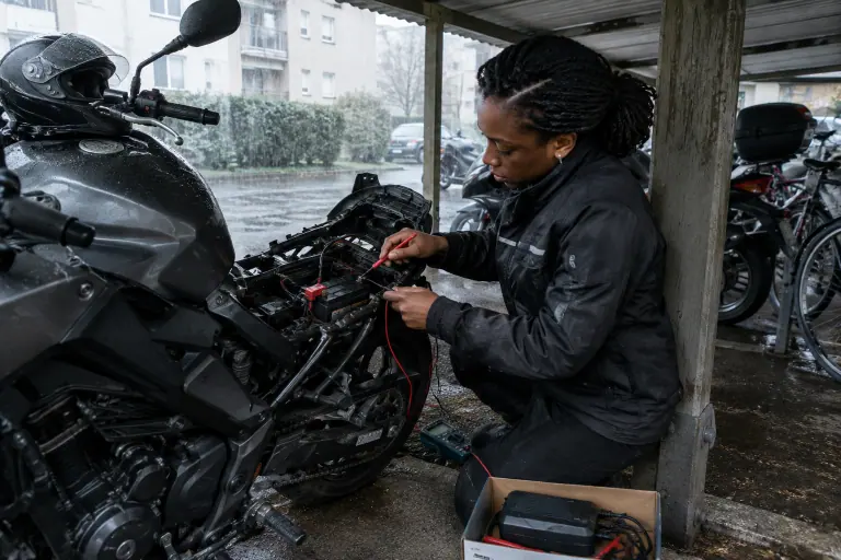 Sous l’abri deux-roues d’une résidence près de Rennes un matin de pluie, une motarde mesure au multimètre la tension de la batterie de son roadster