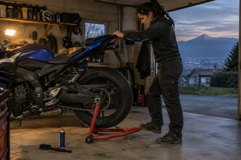 Dans un garage de Grenoble, une jeune femme lève l’arrière de sa sportive sur une béquille d’atelier à crochets engagés sous les diabolos