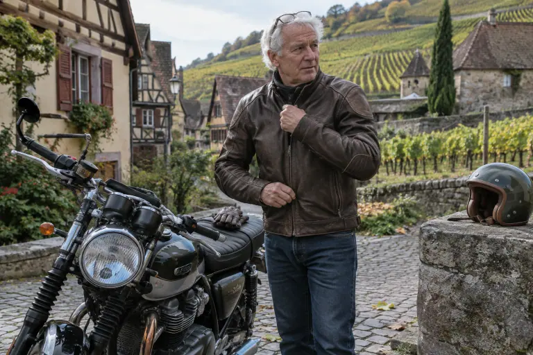 Un motard d’une soixantaine d’années ferme son blouson en cuir brun à coutures doublées, près de son roadster néo-rétro dans un village d’Alsace