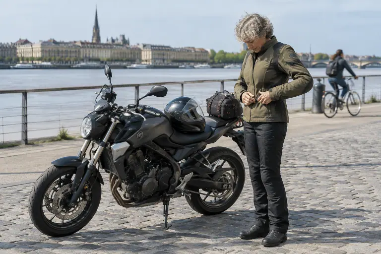Une motarde d’une cinquantaine d’années ajuste la patte de taille de son blouson textile cintré, près de son roadster garé sur les quais de Bordeaux