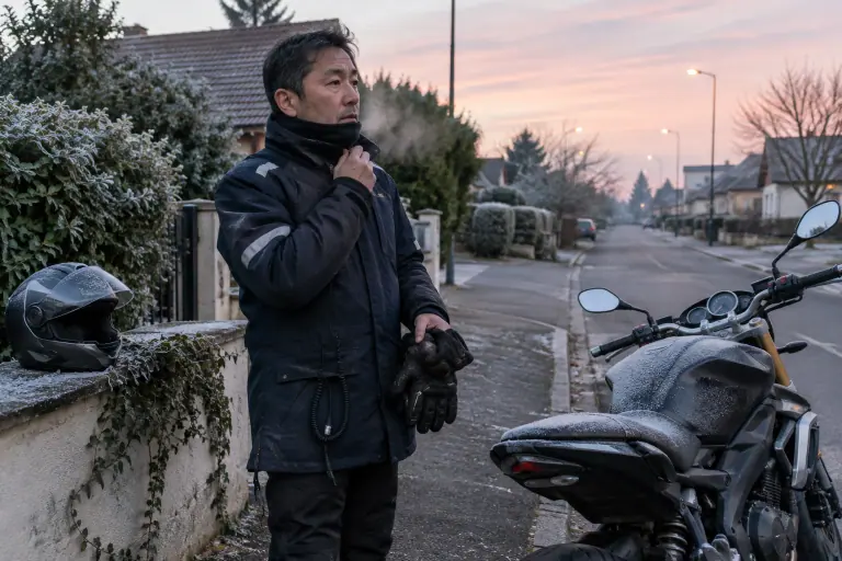 Un motard ferme le col montant de son long blouson d’hiver bleu marine, à l’aube, à côté de son roadster givré dans une rue pavillonnaire