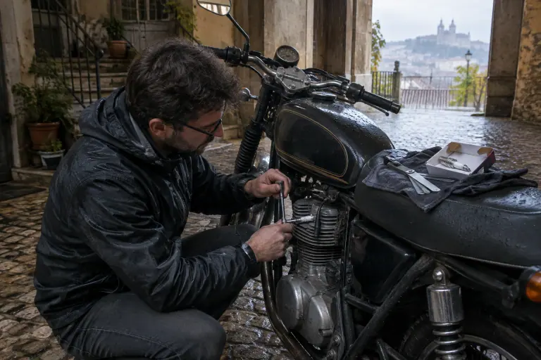Un motard dévisse la bougie d’une moto monocylindre refroidie par air, dans la cour couverte d’un immeuble lyonnais un matin de pluie