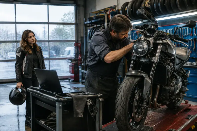 Dans l’atelier d’une concession près de Nantes, un mécanicien intervient sur un roadster de moyenne cylindrée sous le regard de sa jeune propriétaire