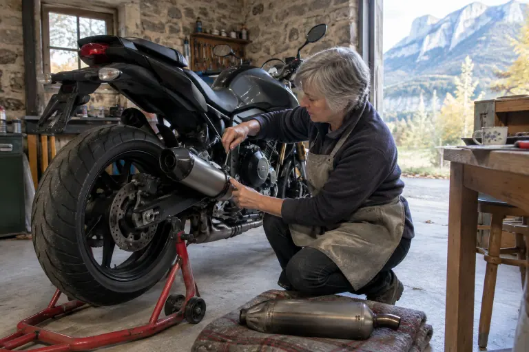 Dans un garage du Vercors, une motarde aux cheveux gris monte un silencieux homologué sur son roadster calé sur une béquille d’atelier