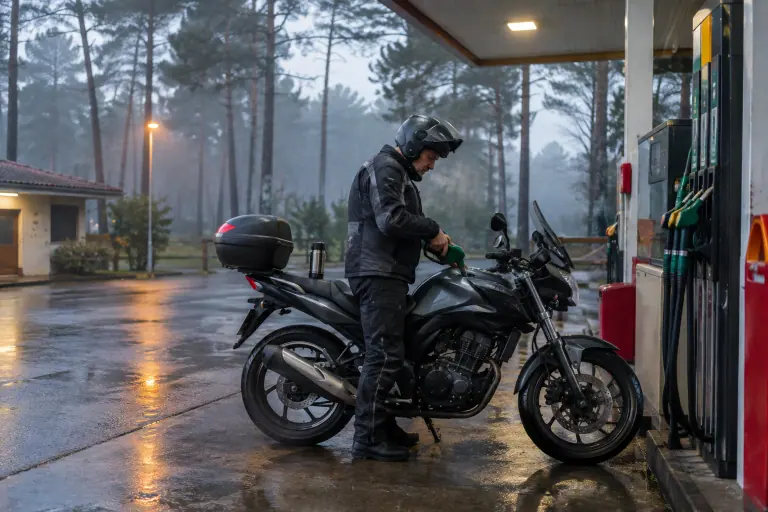Un motard d’une cinquantaine d’années fait le plein de son roadster équipé d’un top case, dans une petite station au bord de la forêt des Landes à l’aube