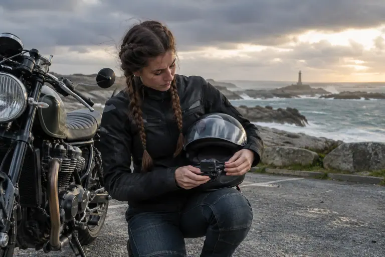 Une jeune motarde fixe une petite caméra d’action sur la mentonnière de son casque intégral, sur un parking face à la mer en Bretagne