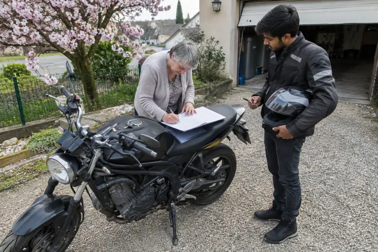 Dans une allée alsacienne, une vendeuse signe le certificat de cession sur la selle d’un roadster d’occasion, sous le regard du jeune acheteur