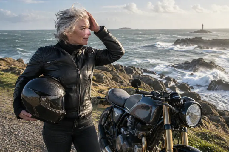 Au bord de la mer en Bretagne, une motarde aux cheveux gris tient sous le bras un casque intégral en carbone apparent, près de son café racer