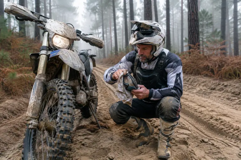 Dans une forêt de pins des Landes, un pilote d’enduro en casque cross boueux essuie le sable de son masque, accroupi près de sa moto