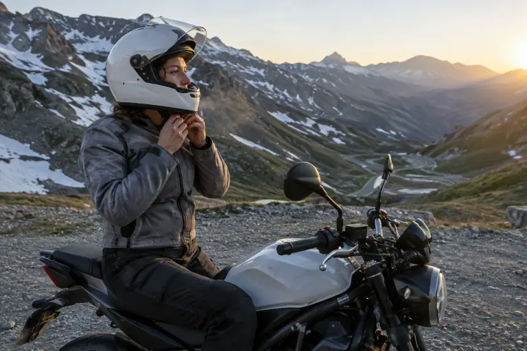 Au petit matin sur un col alpin, une motarde assise sur son roadster ferme la jugulaire double D de son casque intégral blanc, écran relevé