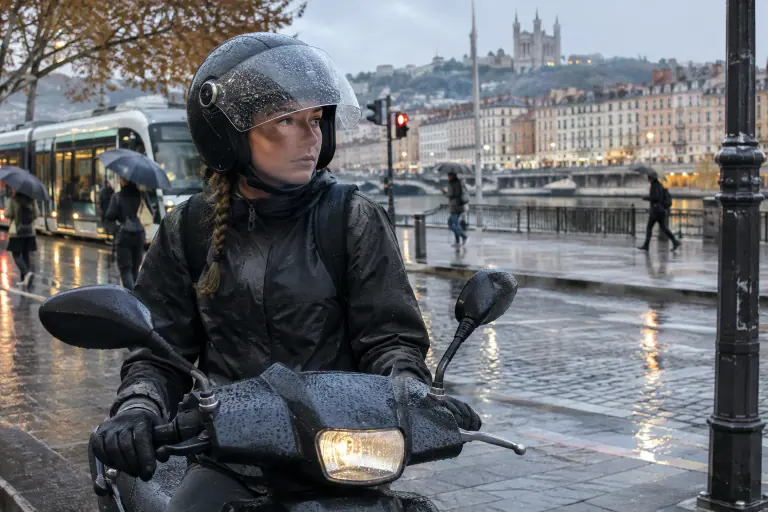 Sous la pluie dans le centre de Lyon, une jeune femme en casque jet à écran long attend au feu rouge sur son scooter 125, près des quais