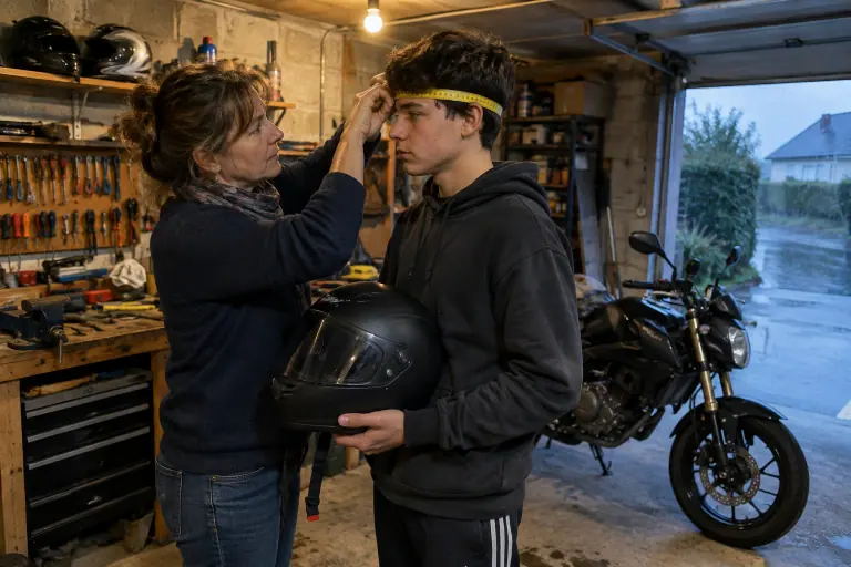 Dans un garage de pavillon, une mère mesure au mètre ruban le tour de tête de son fils, qui tient un casque intégral neuf, avant l’achat