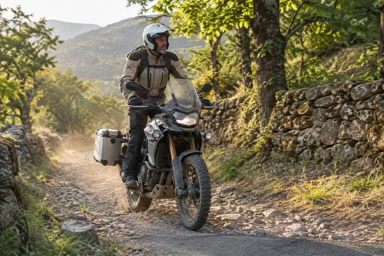 Sur une petite route des Cévennes qui devient piste, un motard debout sur les repose-pieds de son trail porte un casque trail à casquette