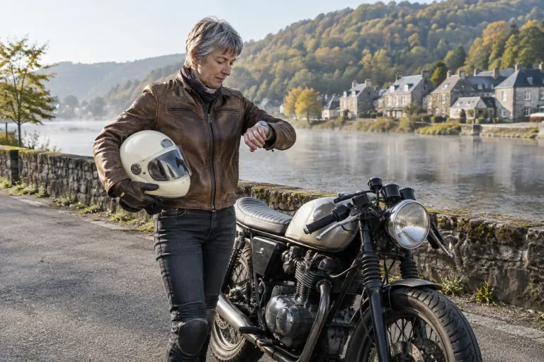 Au bord de la Meuse dans un village des Ardennes, une motarde aux cheveux gris tient un casque intégral rétro crème à côté de son café racer