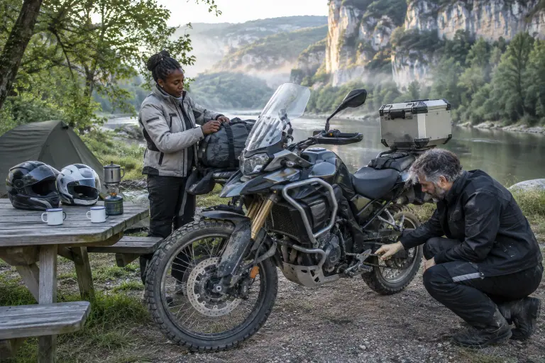 Dans un camping des gorges du Tarn, un couple charge un trail de moyenne cylindrée avec top case pendant que l’homme vérifie la tension de chaîne