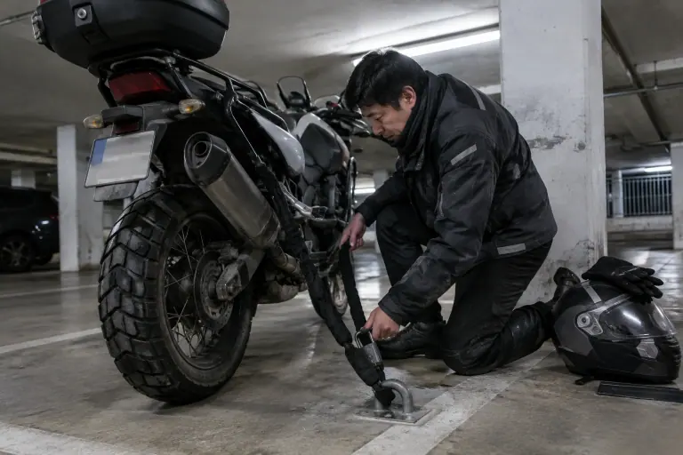 Dans un parking souterrain, un motard tend une chaîne antivol entre le cadre de son trail et une ancre scellée dans le sol en béton