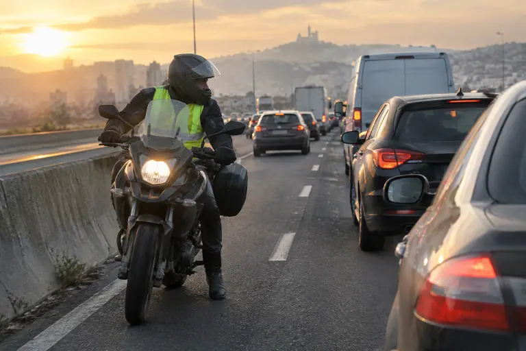 Sur une voie rapide près de Lyon, un motard en gilet jaune remonte lentement entre les deux files de gauche d’un embouteillage matinal