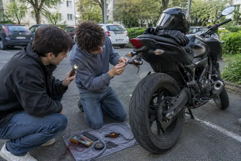 Sur le parking de sa résidence à Nantes, un jeune motard branche un clignotant arrière neuf sur sa 125, multimètre et gaine thermo posés au sol