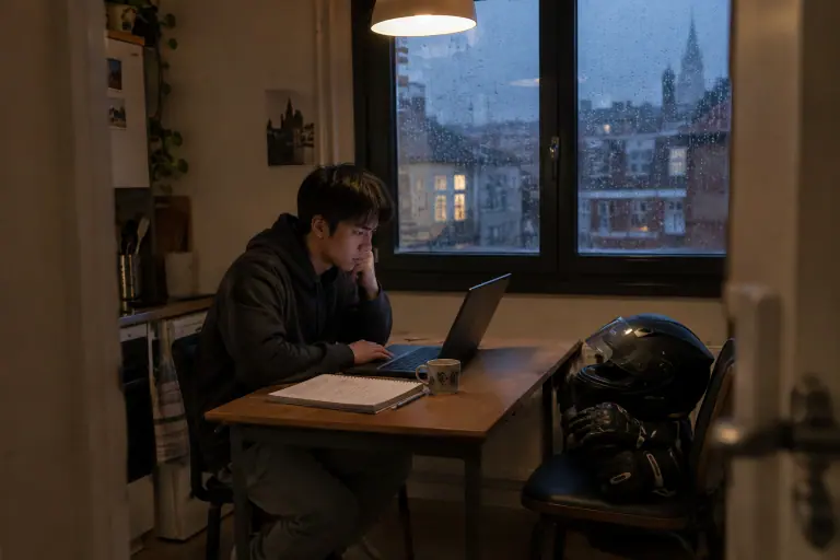 Un jeune homme révise le code moto sur son ordinateur à la table de sa cuisine, un soir de pluie, son casque intégral posé sur la chaise voisine