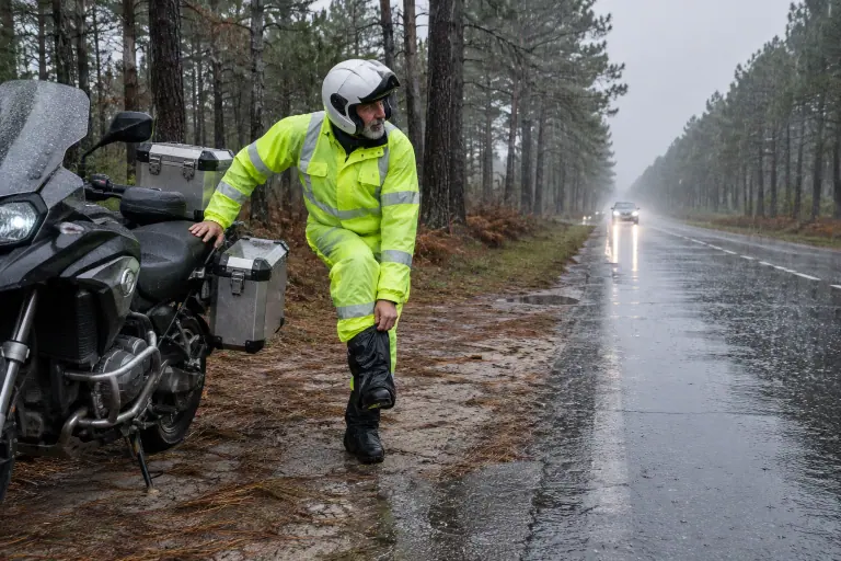 Sous une averse dans la forêt des Landes, un motard en combinaison de pluie jaune enfile une sur-botte au bord de la route, à côté de sa routière