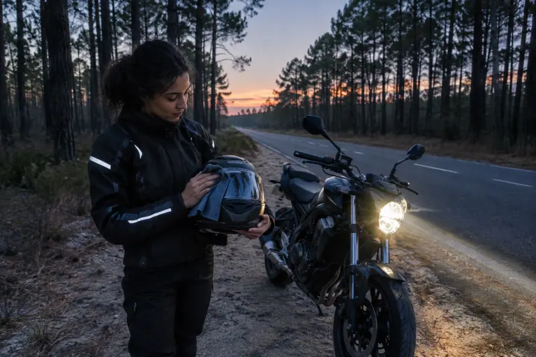 À la tombée de la nuit, une jeune motarde nettoie la visière claire de son casque près de son roadster phare allumé, sur une route des Landes