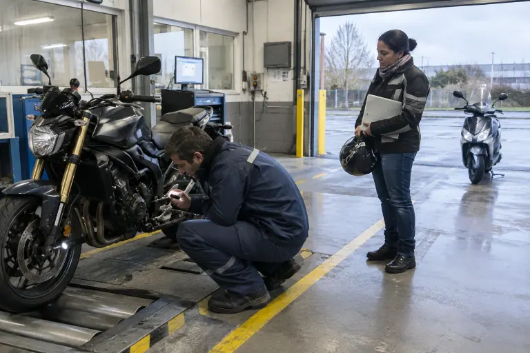 Dans un centre de contrôle près de Dijon, un contrôleur inspecte le frein avant d’un roadster pendant que sa propriétaire attend, casque à la main