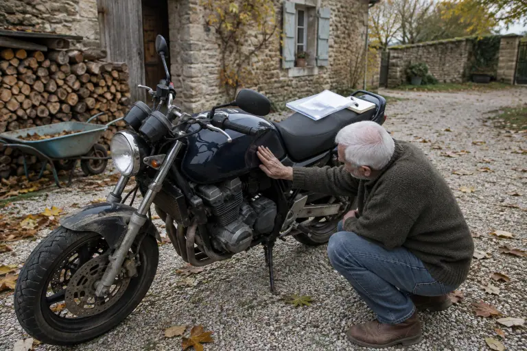 Dans une cour de ferme bourguignonne, un motard d’une soixantaine d’années passe la main sur le réservoir de son roadster pour juger son état avant la vente