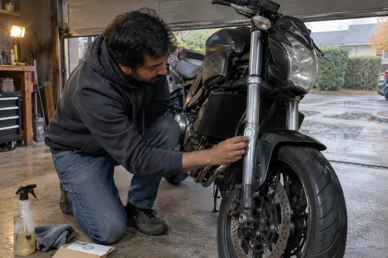 Dans un garage près de Nantes, un motard agenouillé colle une vignette Crit’Air ronde sur le fourreau de fourche de son roadster, chiffon à côté