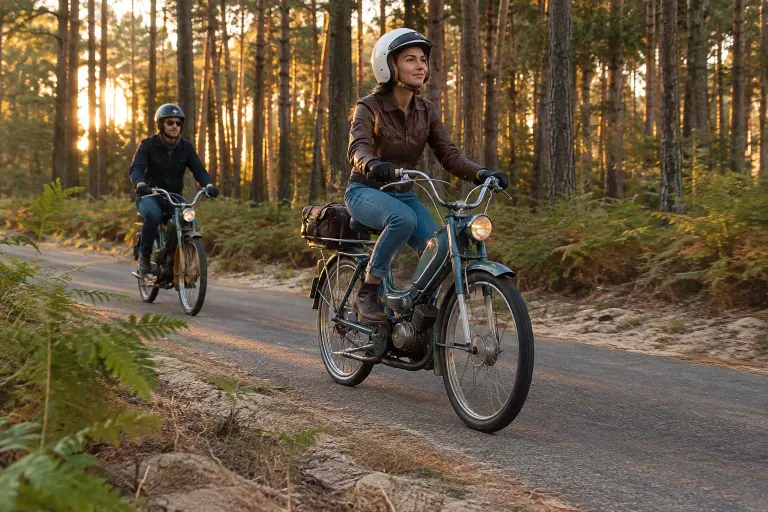 Une jeune femme en casque jet roule sur une mobylette ancienne restaurée, suivie d’une amie, sur une petite route de la forêt des Landes au coucher du soleil