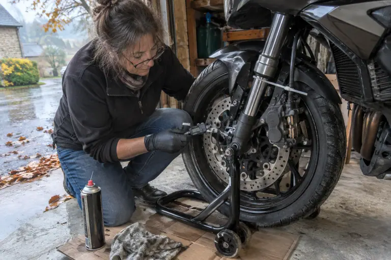 Dans un garage ouvert d’un village du Limousin, une motarde mesure au micromètre l’épaisseur du disque avant de sa routière, étrier attaché