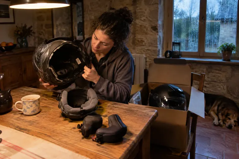Dans la cuisine d’une ferme charentaise, une jeune motarde cherche la date de fabrication à l’intérieur de son vieux casque, un casque neuf à côté