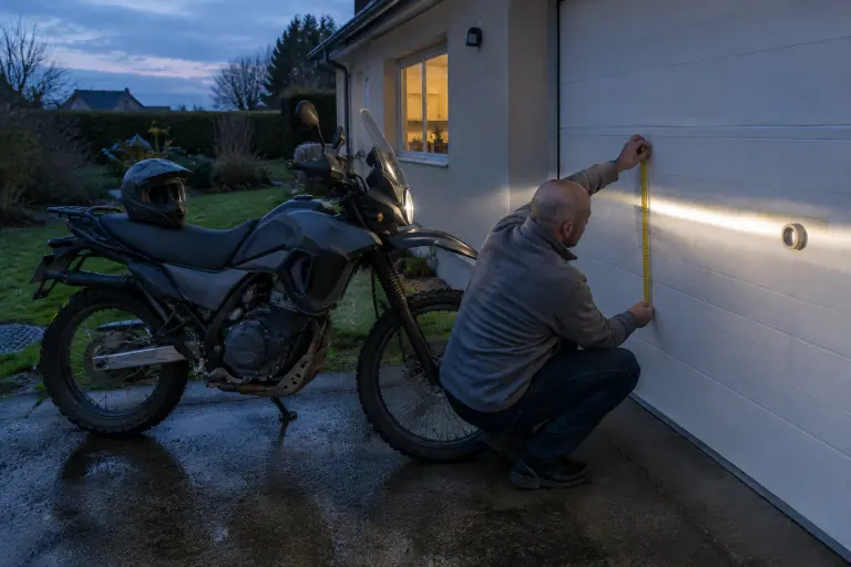 À la tombée de la nuit en Normandie, un motard mesure la ligne de coupure du phare de son trail projetée sur la porte de son garage