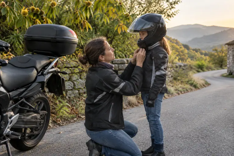Sur une petite route des Cévennes, une mère vérifie la jugulaire du casque intégral de sa fille de dix ans, équipée pour monter derrière elle à moto