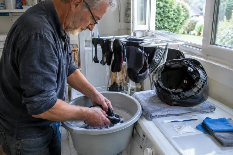 Dans la buanderie d’une maison près d’Angers, un retraité lave à la main les mousses de son casque dans une bassine d’eau tiède savonneuse