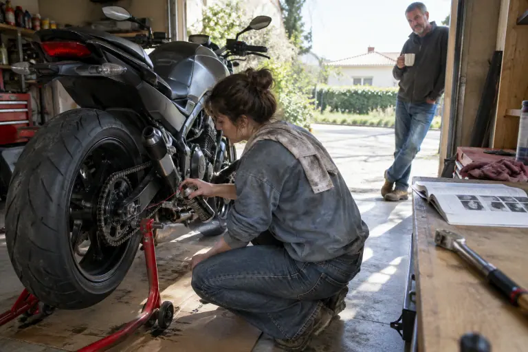 Dans un garage de pavillon, une jeune femme graisse la chaîne de son roadster calé sur une béquille d’atelier en tournant la roue arrière à la main