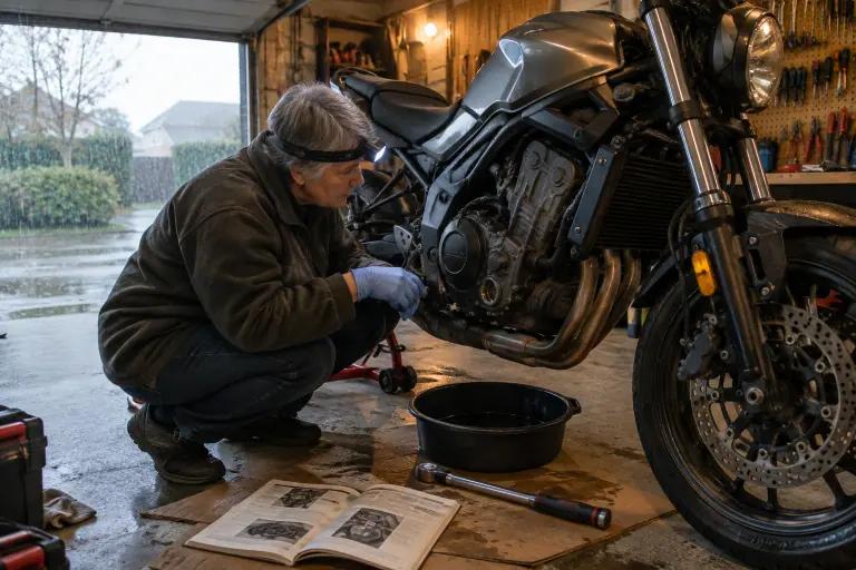 Une motarde contrôle le niveau d’huile au hublot de son roadster posé sur béquille d’atelier, dans le garage de sa maison un jour de pluie