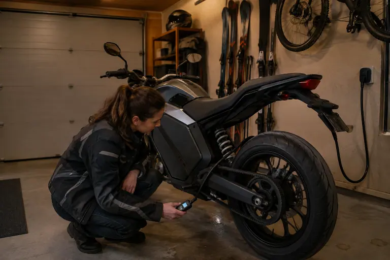 Une motarde contrôle la pression du pneu arrière de sa moto électrique en charge dans un garage près d’Annecy, transmission par courroie visible