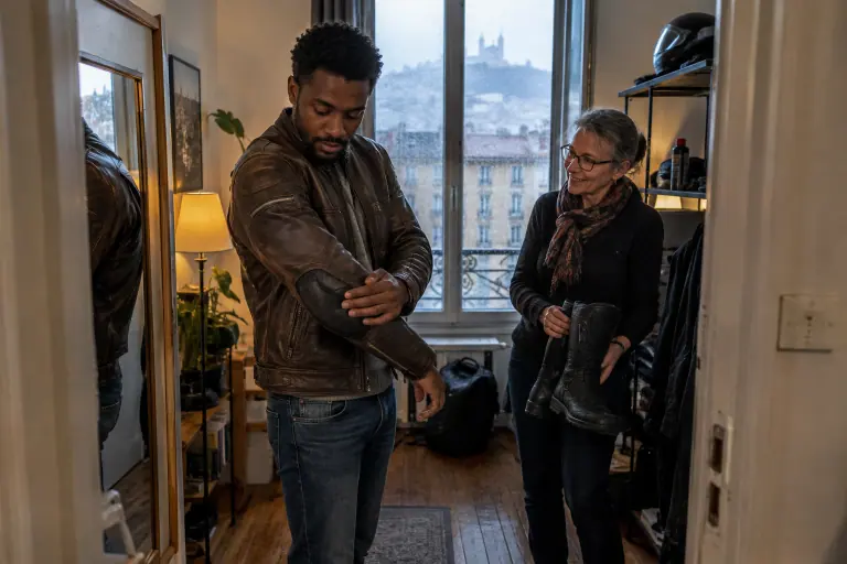 Un jeune homme essaie un blouson moto en cuir d’occasion devant un miroir et plie le bras pour sentir la coque de coude, dans un appartement lyonnais