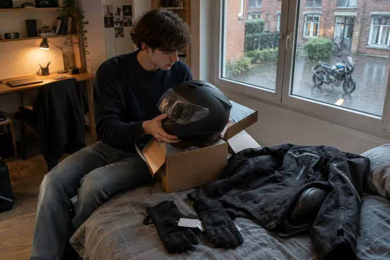 Dans un studio d’étudiant à Lille, un jeune motard sort un casque intégral neuf de sa boîte, à côté d’un blouson textile d’occasion dont il vérifie les coques