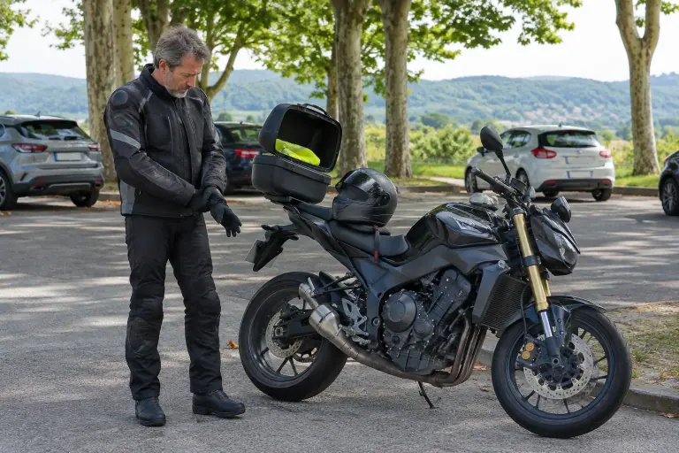 Sur une aire d’autoroute, un motard enfile ses gants à côté de son roadster, casque posé sur la selle et gilet jaune plié dans le top case