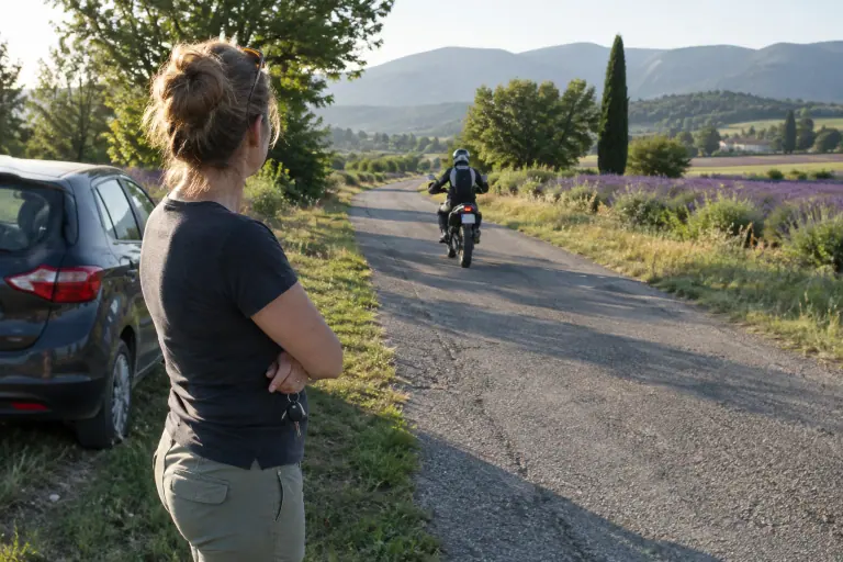 Au bord d’une petite route de la Drôme, une vendeuse regarde l’acheteur s’éloigner sur son trail pour l’essai, les clés de la voiture de celui-ci en main